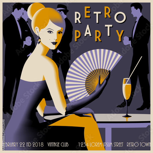 Retro Party invitation card. Handmade drawing vector illustration. Art deco and minimalist style.