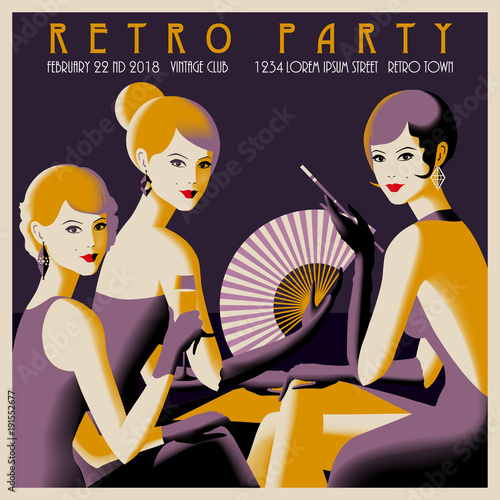 Retro Party invitation card. Handmade drawing vector illustration. Art deco and minimalist style.