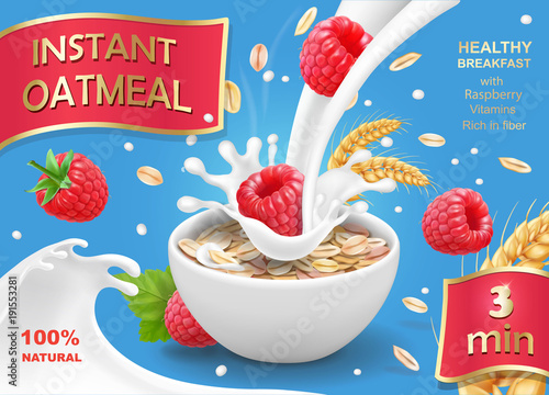 Instant oatmeals Oat flakes with raspberry. Oatflakes and milk flow advertising photo