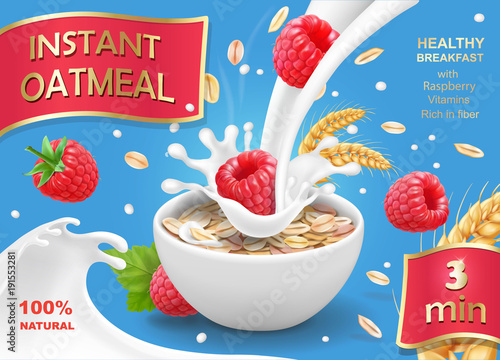 Instant oatmeals Oat flakes with raspberry. Oatflakes and milk flow advertising