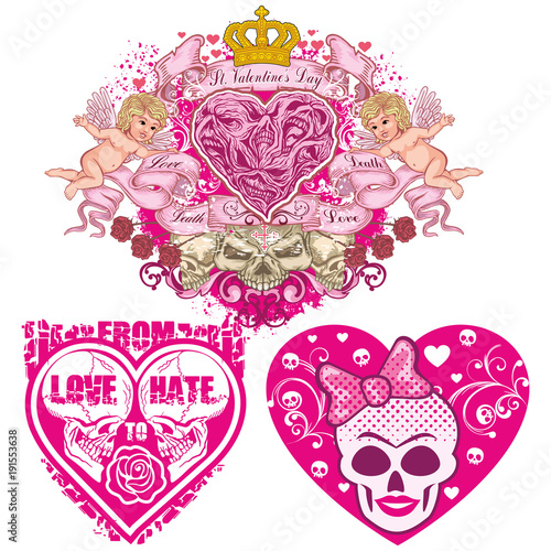valentines skull with heart, grunge vintage design t shirts set
