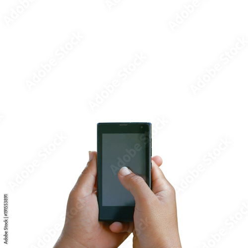 Men hand holding and touch on black smartphone, isolated on white background.