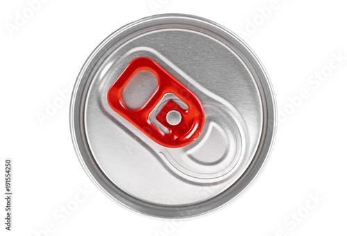 Top view of a can with red key isolated on white background