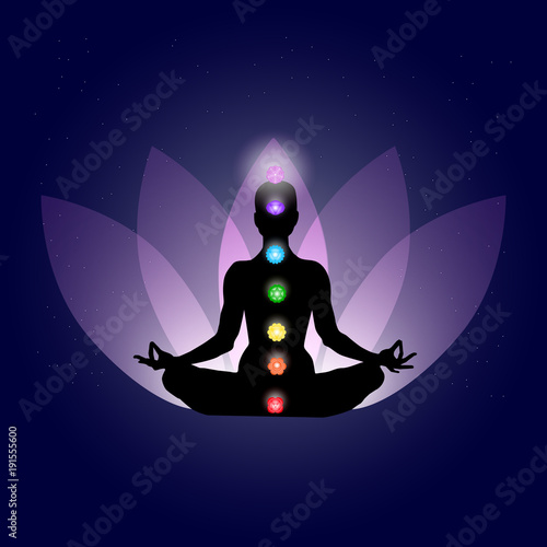 Famale body in yoga assana with seven chakras in shining neon colors on gently purple lotus petals and dark blue space with stars background. Vector illustration eps10