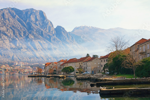 Winter Meditarranean landscape . Montenegro, view Bay of Kotor, Lovcen mountain and Prcanj town