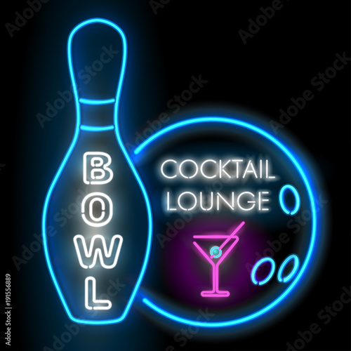 Bowl and cocktail lounge neon sigh. Vector clip art illustration.