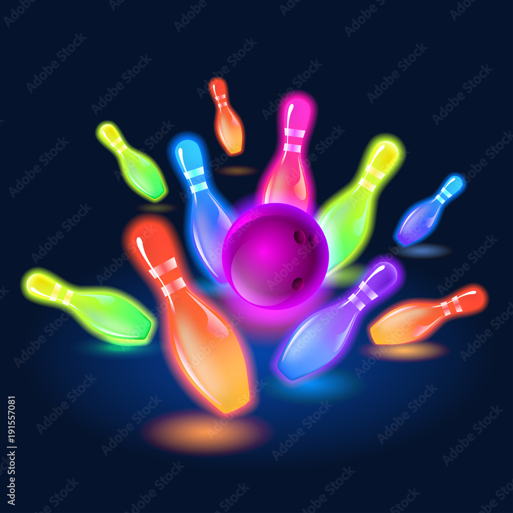 Bowling neon glowing pins. Vector clip art illustration Stock Vector