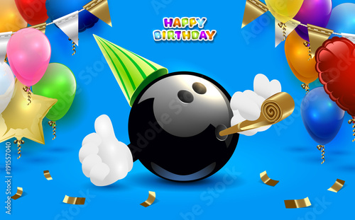 Bowling happy birthday party. Vector clip art illustration.