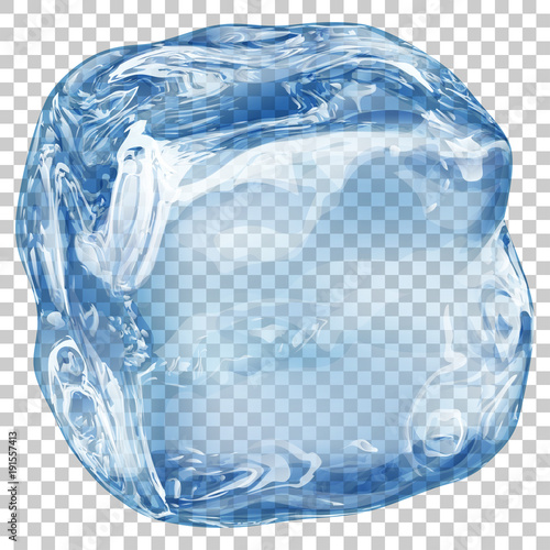 One big realistic translucent ice cube in blue color on transparent background. Transparency only in vector format