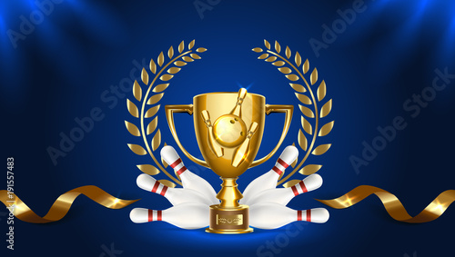Bowling tournament gold cup. Vector clip art illustration.