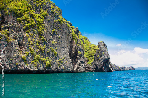  Scenic landscape with mountain islands and blue lagoon El Nido at Palawan. Philippines.
