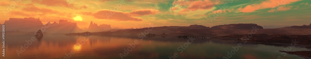 Panorama of the sea landscape at sunset, sunrise in the ocean over the island
