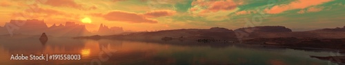 Panorama of the sea landscape at sunset, sunrise in the ocean over the island 