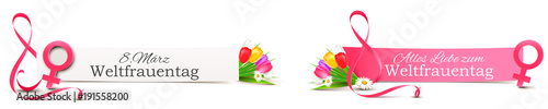 Weltfrauentag Termin 8. März - Banner Set mit Venus Symbol und Band als stilisierte Acht