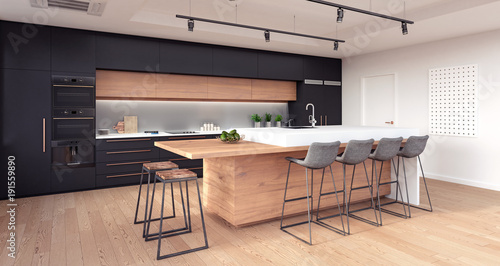 Modern kitchen interior design 3D Rendering photo
