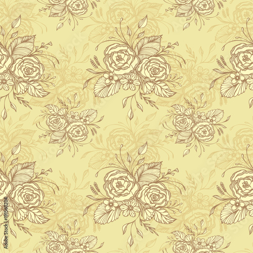 Seamless pattern with flowers bouquet in beige in retro style for decoupage or for wallpaper or textile or for decoration package of cosmetic perfume shampoo soap