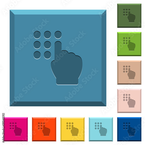Typing security code engraved icons on edged square buttons