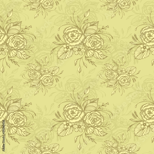 Seamless pattern with flowers bouquet in olive in retro style for decoupage or for wallpaper or textile or for decoration package of cosmetic perfume shampoo soap