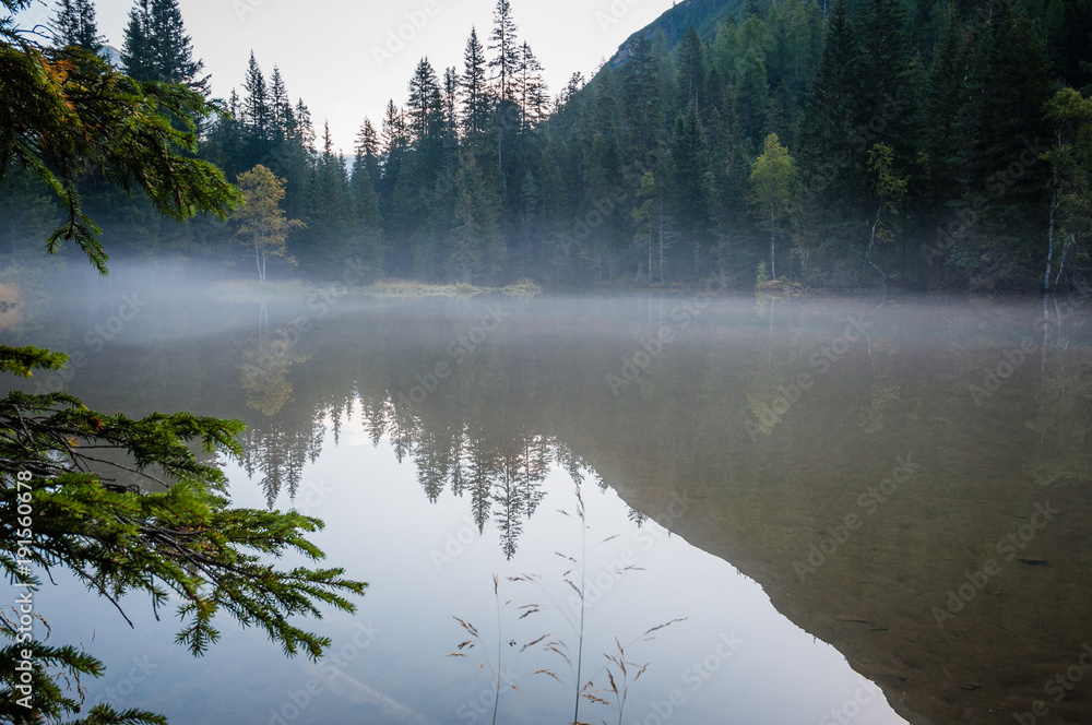 Fototapeta premium Transparent and quiet pond with reflections and fog on a summer morning, Cortina d'Ampezzo, Dolomites, Italy