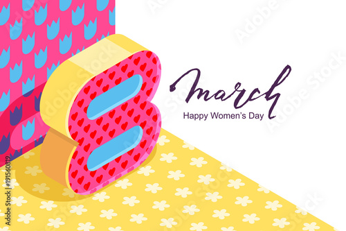 8 March vector horizontal bannerd, International Women's Day. Number eight in 3d isometric style on floral pattern background. Holiday design elements for greeting card, poster, party invitation.