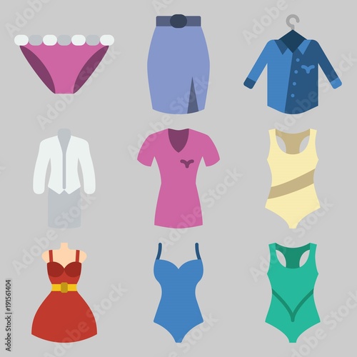 Icon set about Women Clothes with keywords skirt  panties  swimsuit  dress  shirt and suit