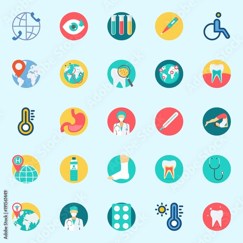 icons set about Medical. with tooth, wheelchair, yoga, tablets, stomach and worldwide