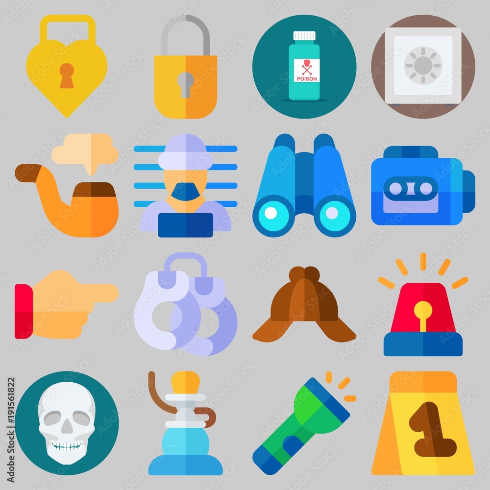 Icon set about Crime Investigation with keywords poison, shisha, cap, point, handcruffs and binoculars Icon set about Crime Investigation with keywords poison, shisha, cap, point, handcruffs and binoculars