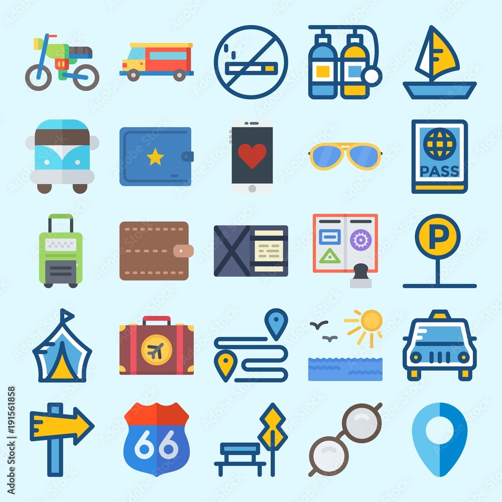 icons set about Travel. with suitcase, sun, wallet, parking, smartphone and location icons set about Travel. with suitcase, sun, wallet, parking, smartphone and location