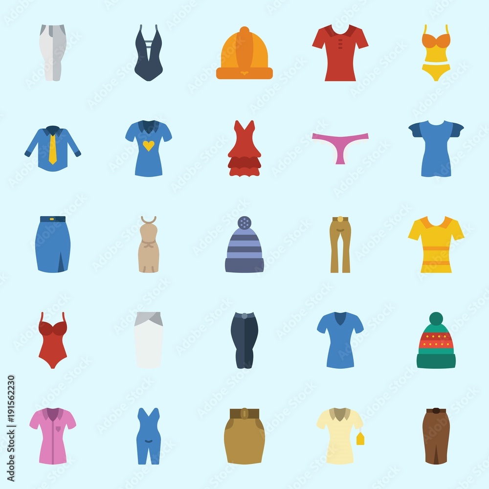icons set about Women Clothes. with swimsuit, panties, dress, pants, skirt and shirt icons set about Women Clothes. with swimsuit, panties, dress, pants, skirt and shirt