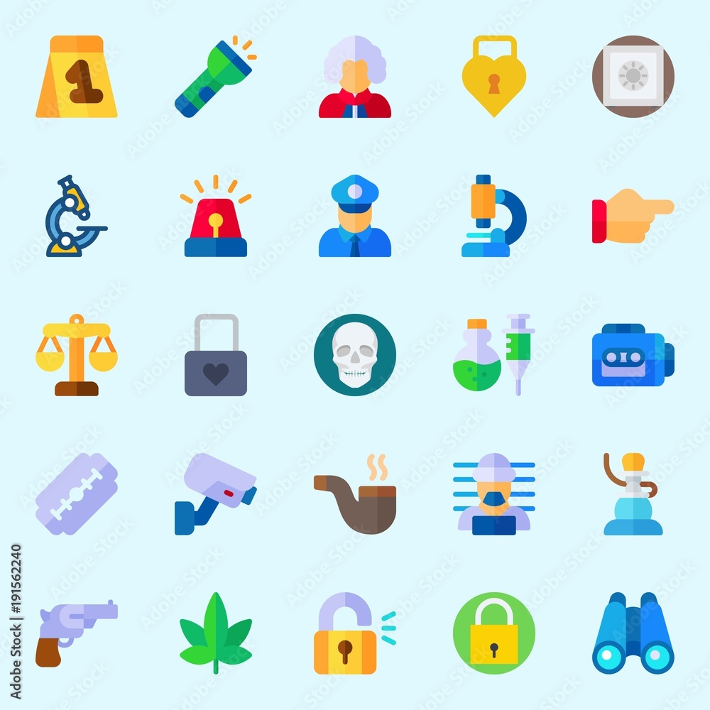 icons set about Crime Investigation. with revolver, justice, marijuana, poison, binoculars and microscope icons set about Crime Investigation. with revolver, justice, marijuana, poison, binoculars and microscope