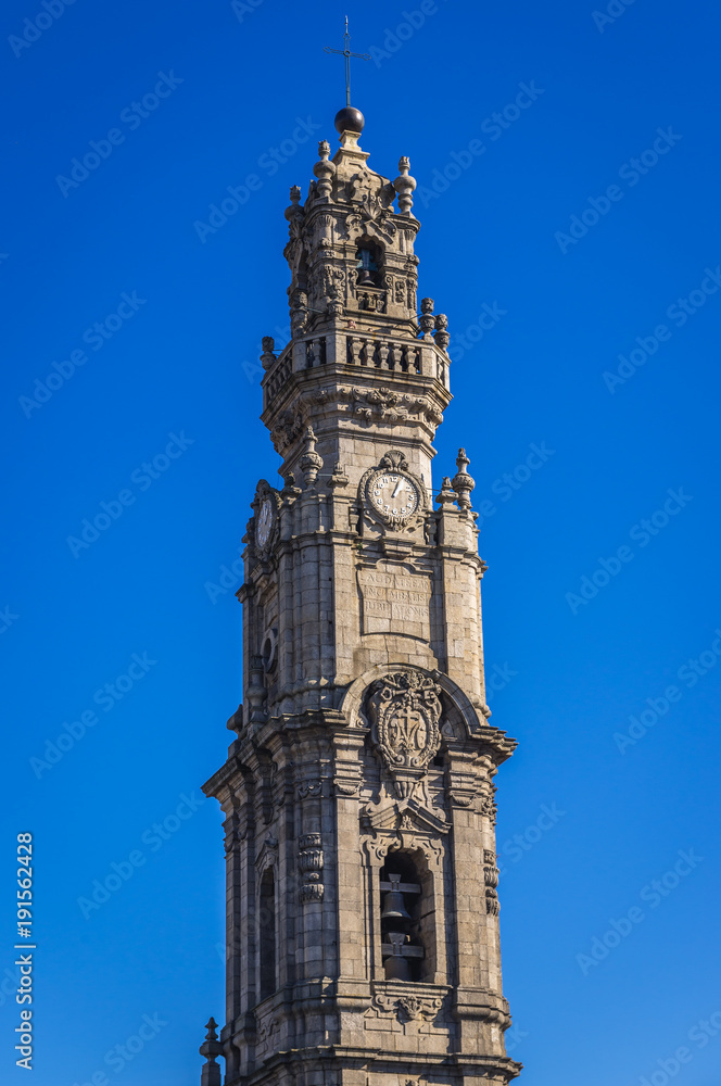 Bell tower of Clerigos church in Porto city in Portugal