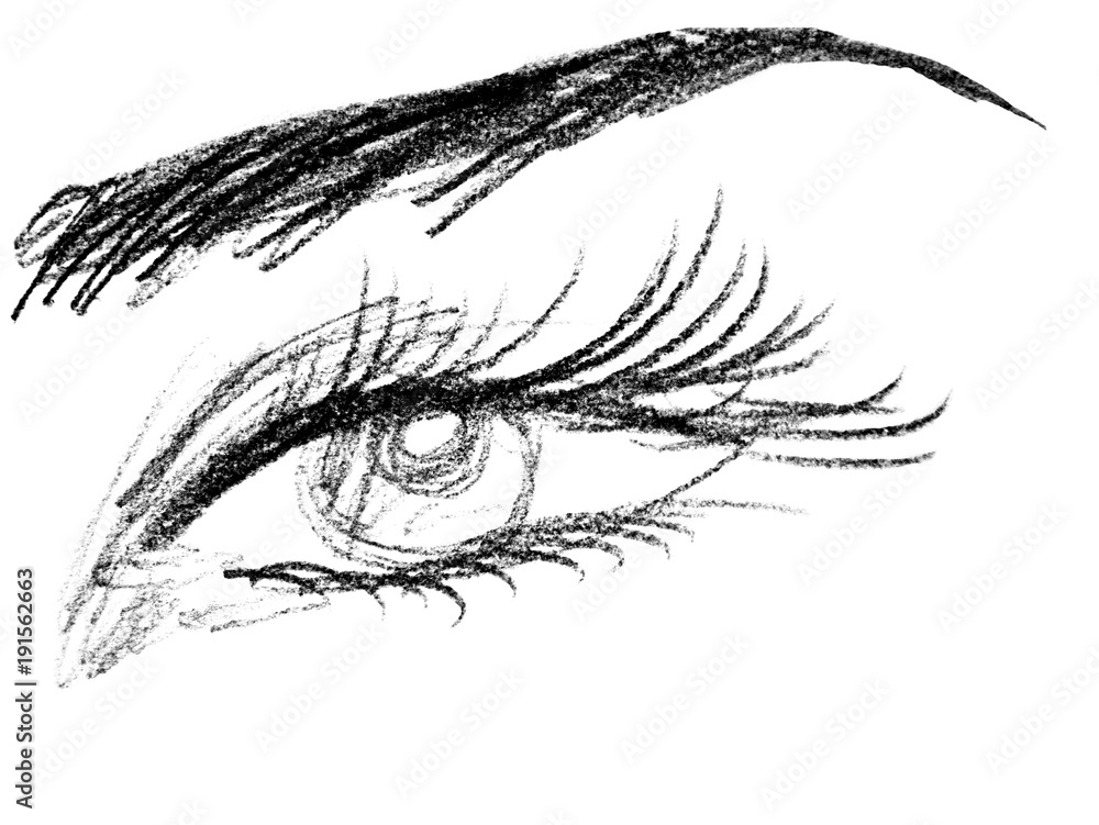 Obraz premium Eye of a girl close-up, drawing with a pencil. The concept of advertising cosmetics, health and beauty of the human body. Isolated.