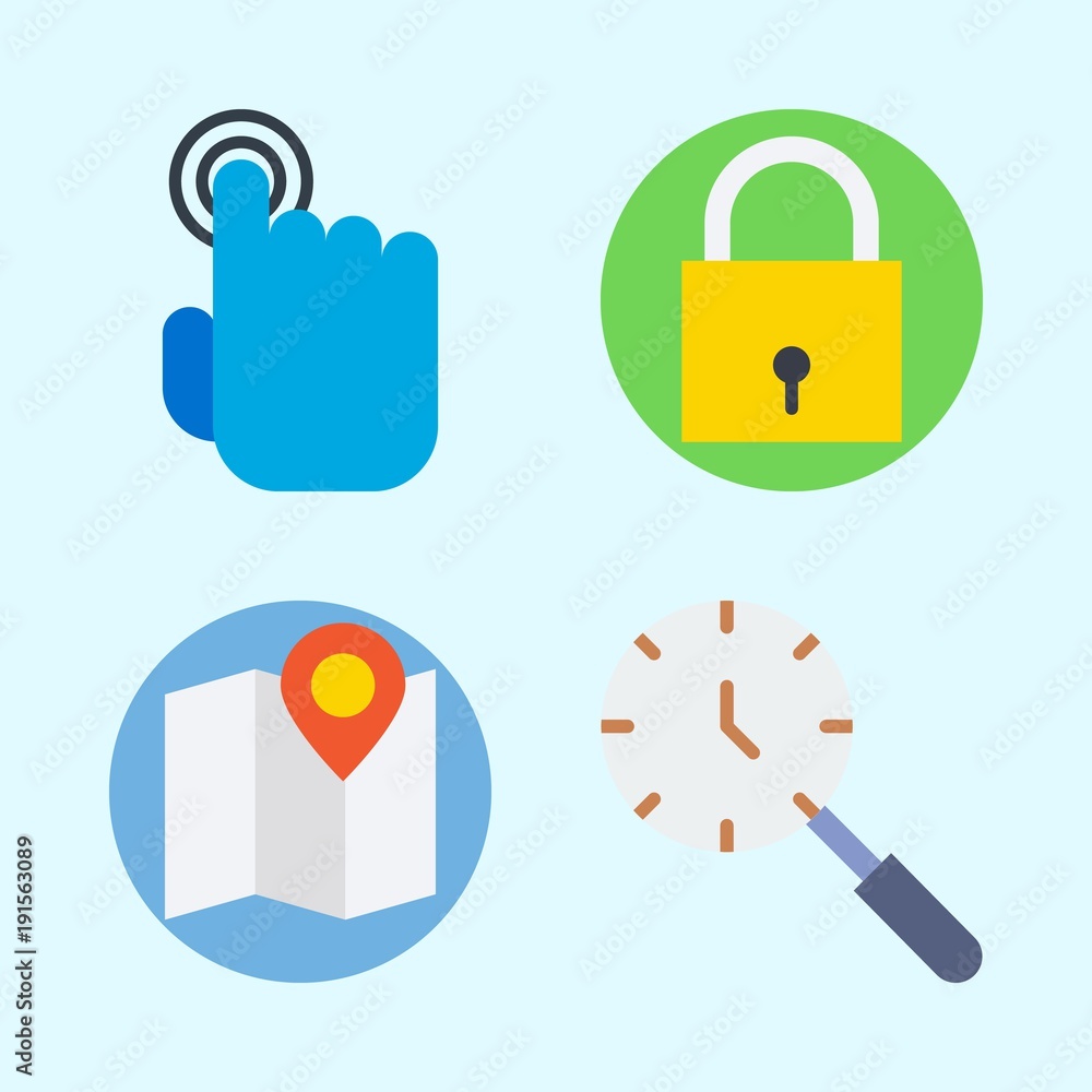 Icons set about Commerce with search, tap, map and padlock Icons set about Commerce with search, tap, map and padlock