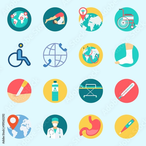 icons set about Medical. with surgery, stomach, location, stretcher, surgeon and sprain