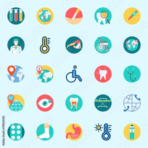 icons set about Medical. with test tubes, sprain, wheelchair, location, water and thermometer