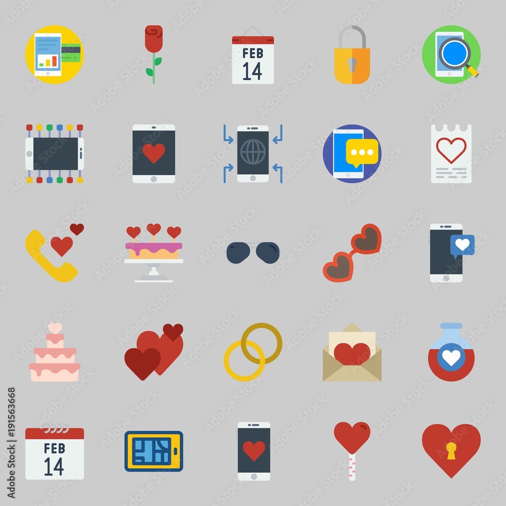 icons set about Romance Lifestyle. with hearts, sunglasses, wedding cake, smartphone, potion and padlock
