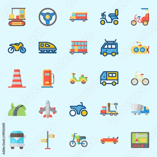 icons set about Transportation. with direction sing, gps, train, double decker, truck and all terrain