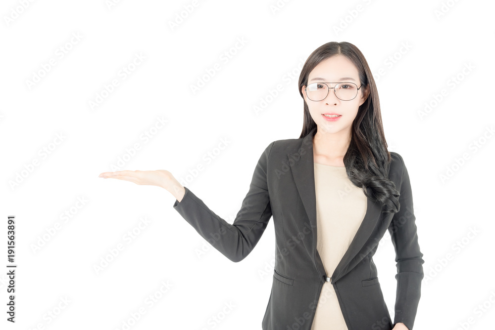 Portrait of happy young asian business woman welcoming or presenting gesture a copyspace on palms isolated on white background Portrait of happy young asian business woman welcoming or presenting gesture a copyspace on palms isolated on white background