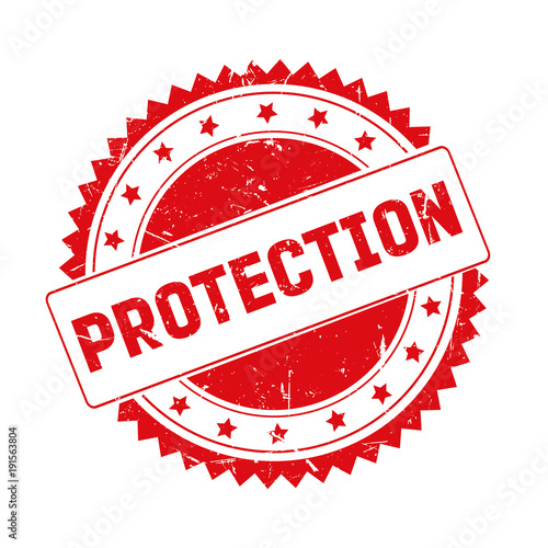 Protection red grunge stamp isolated