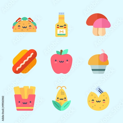 Icons about Food with apple, corn, taco, mustard, hot dog and fries