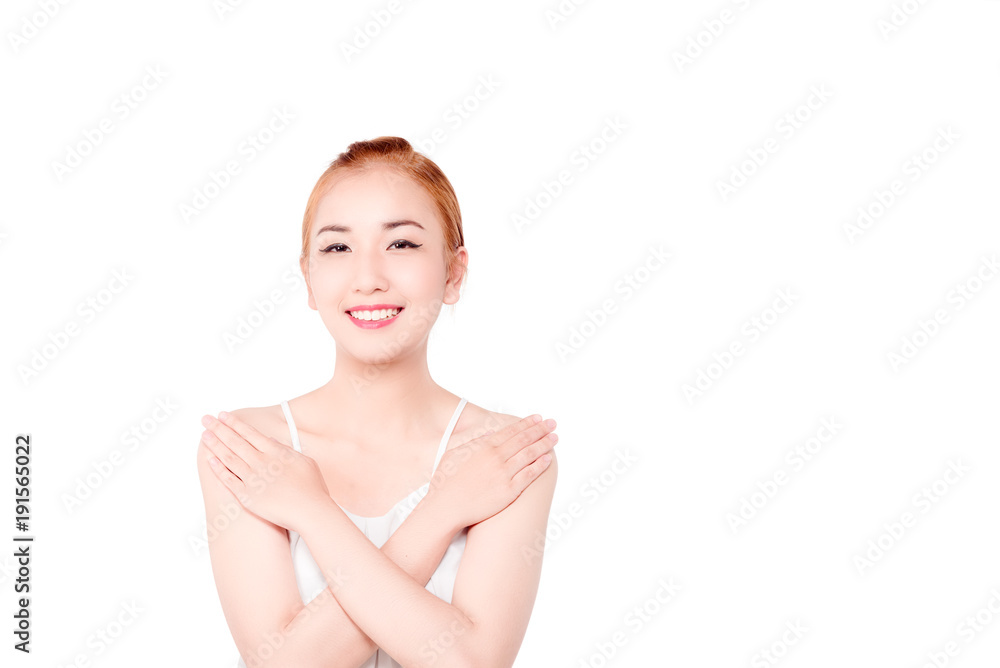Natural Beauty Portrait. Beautiful smile Spa Woman . Perfect Fresh Skin.Portrait of the young asian beautiful girl make OK and good sign , isolated on white background Natural Beauty Portrait. Beautiful smile Spa Woman . Perfect Fresh Skin.Portrait of the young asian beautiful girl make OK and good sign , isolated on white background