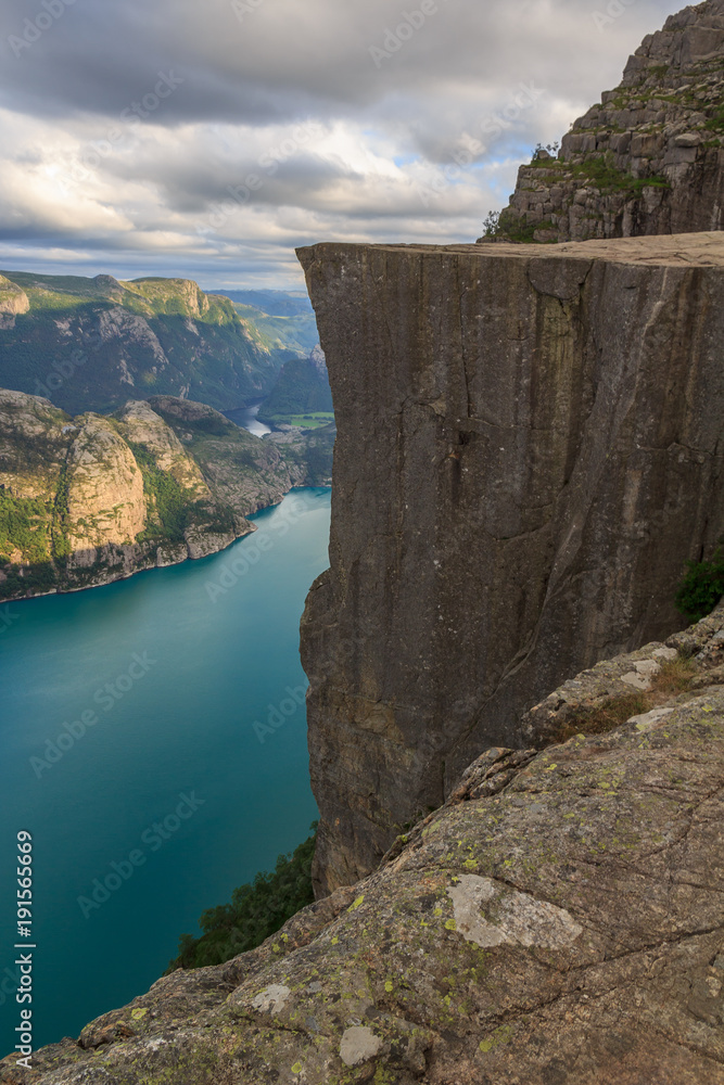 Preikestolen cliff pulpit rock in summer time at sunny day
