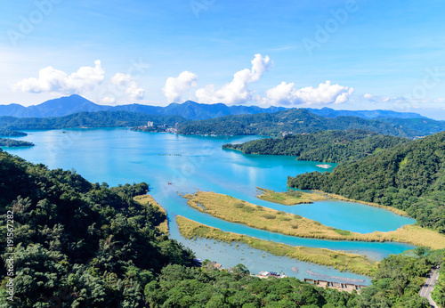 Scenery of Beautiful morning with sky reflect in the Sun Moon Lake, Landscape of Landmark famous attraction in Taiwan, Nantou. Travel in nature Asia concept. Top view