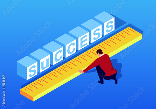 Businessman measuring the distance to success