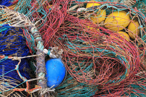 Europe, Spain, Balearic Islands, Mallorca, Santanyi, Cala Figuera . A small , colorful fishing harbor on S.E. corner of island. Fishing nets. photo