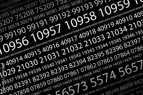 Abstract background image of a set of consecutive five-digit white numbers of different sizes on a black background in a diagonal direction. The concept of brute force for cracking passwords
