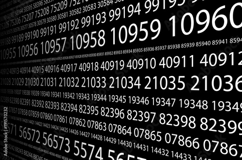 Abstract background image of a set of consecutive five-digit white numbers of different sizes on a black background in perspective. The concept of brute force for cracking passwords