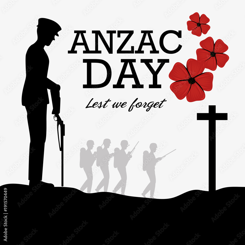 Obraz premium anzac day poster with soldier standing guard vector illustration graphic design