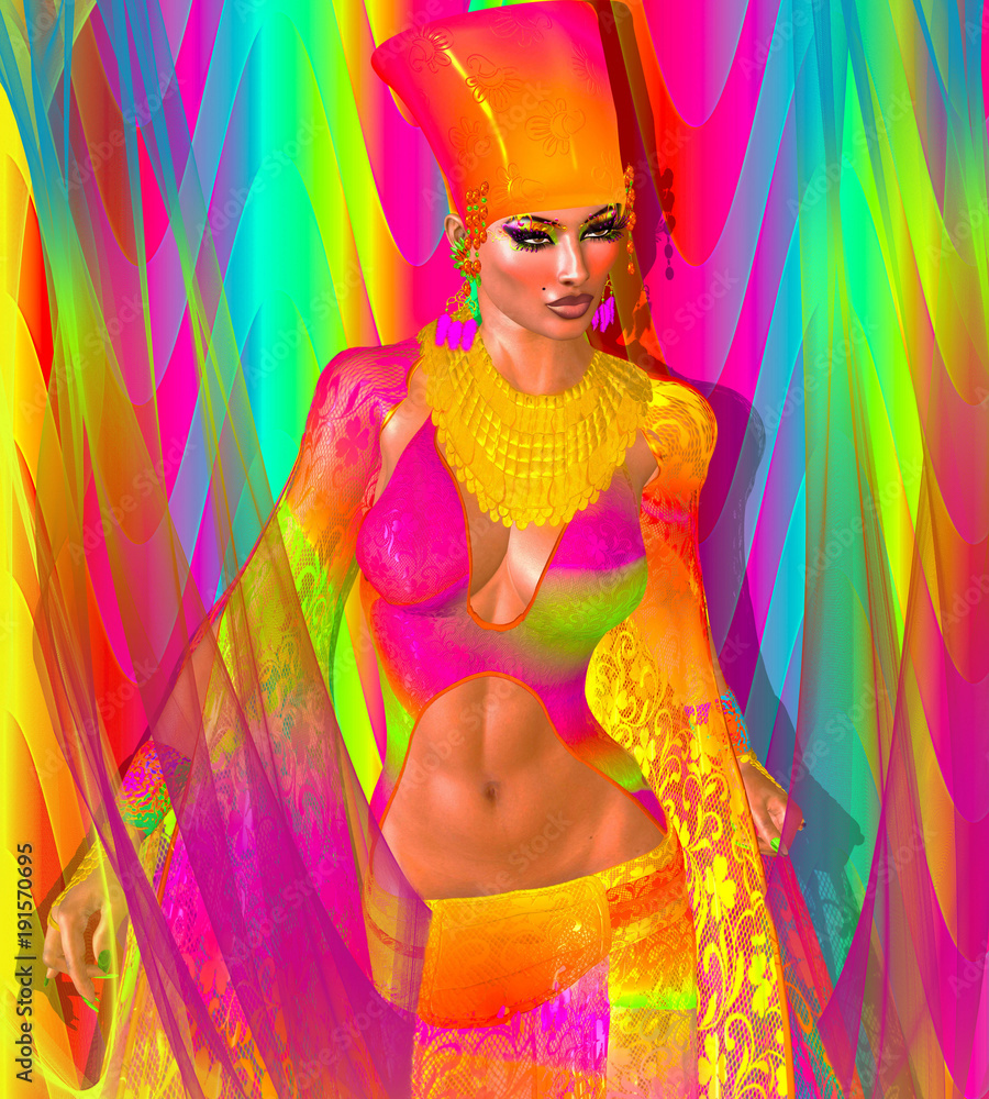 Sexy Egyptian woman, pharaoh or princess surrounded by colorful ribbons of rainbow colors. A matching outfit creates a brilliant and fun realistic scene.