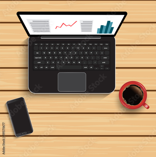 Data interface against high angle view of laptop with notepad and cup of coffee. vector illustrator